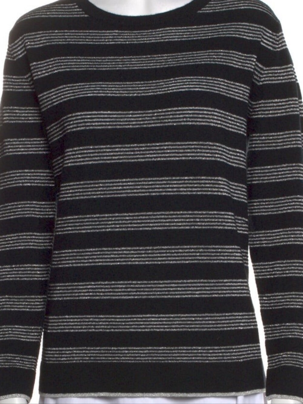 Neiman Marcus Cashmere Metallic Striped Sweater Black & Silver Crew Neck Size: S